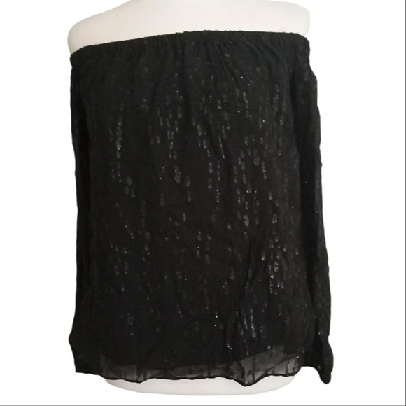 Lilly Pulitzer Emilee Black Metallic Silk Off The Shoulder Flowy Blouse Size XXS - Picture 2 of 7